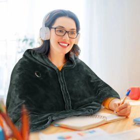 USB Heated Blanket Electric Heated Blanket Heated Poncho Shawl Wrap Throw With Zipper Washable For Home Office 59*31in (Option: black)