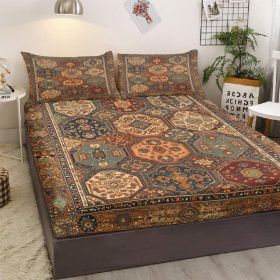 3pcs Retro Bohemian Geometric Style Minimalist Comfort Series Bed Fitted Sheet And Two Pillowcases Bedding For All Seasons Use (Option: King-Brown)